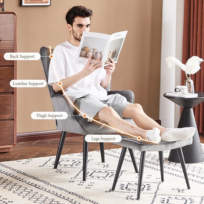 Furniliving Velvet Accent Chair with Ottoman, Upholstered Reading Chair with High Backrest, Tufted-Button Wingback Armchair for Bedroom, Dressing Room, Home Office, Grey