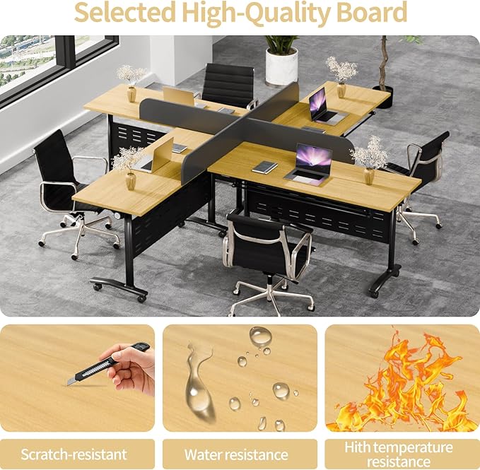 Conference Table Folding Conference Room Tables, Modern Mobile Meeting Training Table with Silent Wheels, Foldable Seminar Table for Offices, Classrooms, Libraries (4, Maple, 55.1in)