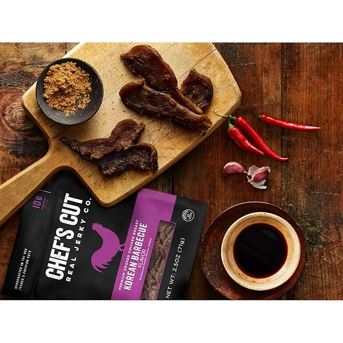 Chef’s Cut Real Chicken Jerky | High Protein Meat Snack with 10 g Protein & 70 Calories, Gluten Free, Keto-Friendly, Premium Lean Smoked Chicken Breast | Korean Barbecue | 2.5 oz (Pack of 4)