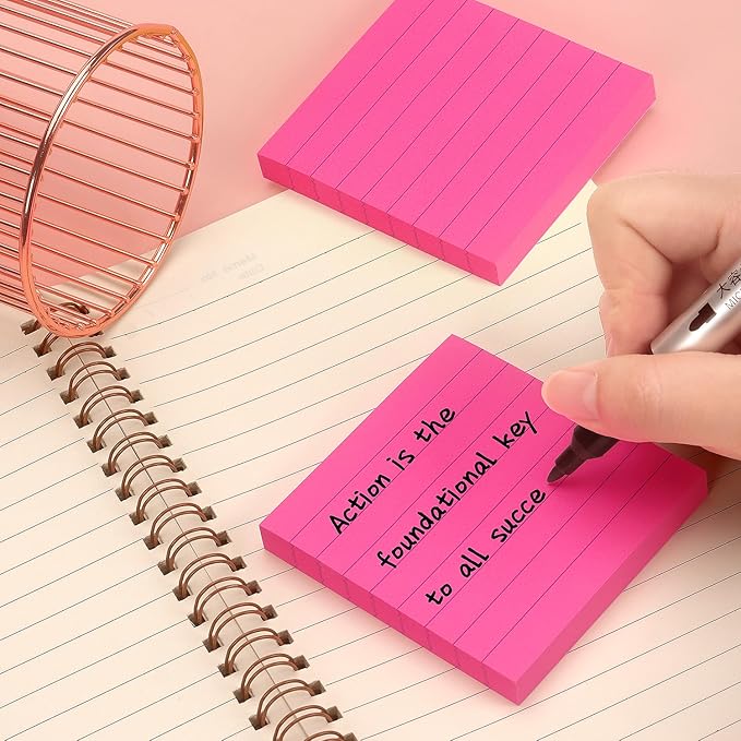 Lined Sticky Notes 3x3 Sticky Notes with Lines Self-Stick Notes Bright Color 4 Pads 90 Sheets/Pad (Rose Red)