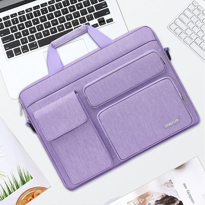 MOSISO Laptop Shoulder Bag 13.3 inch, 13-14 inch Computer Bag Compatible with MacBook Air/Pro 13 / Pro 14, HP Dell ASUS Lenovo with 2 Raised&1 Flapover&1 Horizontal Pocket&Handle&Belt, Purple