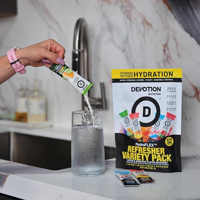 Devotion Nutrition HydroFLEX Water Flavoring Packets – Sugar-Free Hydration with Vitamins & Electrolytes – Dye-Free, Gluten-Free (Strawberry Watermelon) 12-Pack Drink Mix