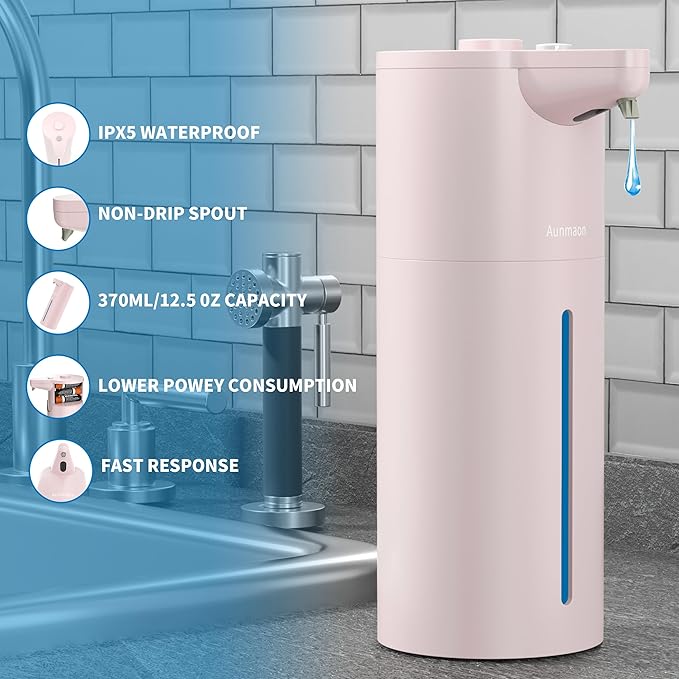 Aunmaon Automatic Soap Dispenser Touchless, Modern, Kitchen & Bathroom, Hands-Free, Adjustable Volume, Long Battery Life, Compatible with Thick & Thin Soap, Easy for Toddlers, Clog-Free, Pink