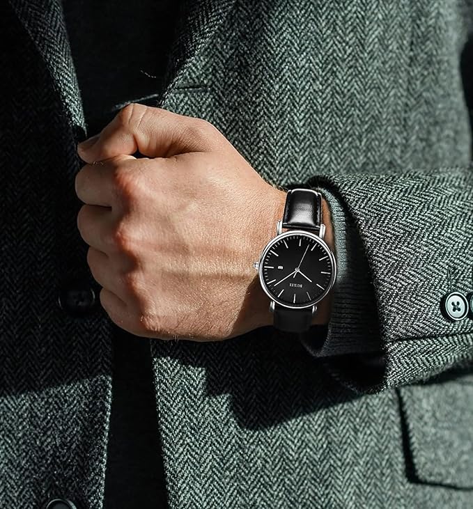 BUREI Men Watches Brown Leather Fashion Minimalist Wrist Watch Simple Ultra Thin Waterproof Quartz Watches All Black Stainless Steel Mesh Band,Gift for Men Women