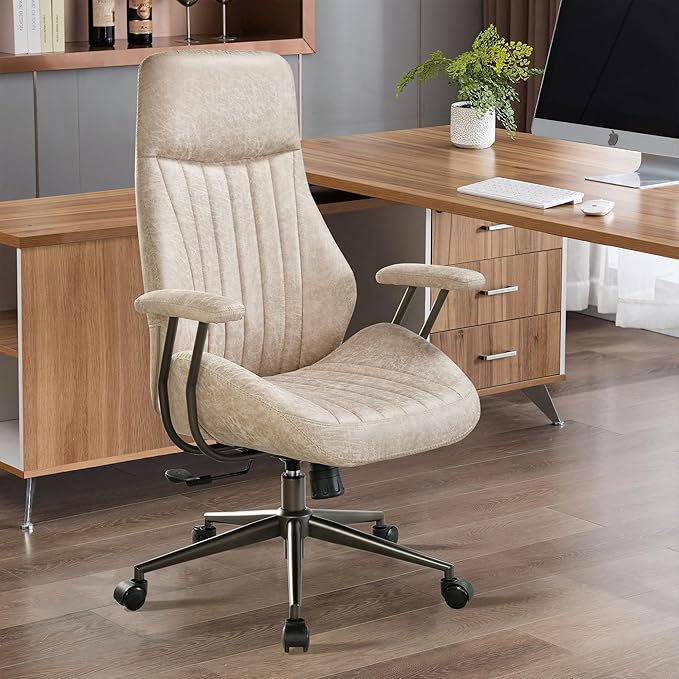 High Back Home Office Chair,Mid Century Modren Ergonomic Executive Chair,Lumbar Support Swivel Task Chair with Wheels,Computer Desk Chair Suede Fabric,350LBS (Beige)
