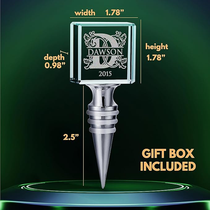 Personalized Crystal Wine Stopper - Custom Engraved Initial, Name & Date - 3D Glass Bottle Stopper with 6 Design Options - Square, Included Gift Box