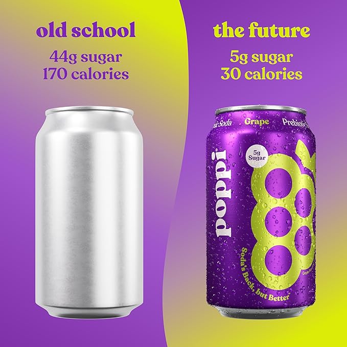 Poppi Sparkling Prebiotic Soda Beverage with Apple Cider Vinegar, Seltzer Water and Fruit Juice, Grape Flavor, 12 Fl Oz, Pack of 12, Packaging May Vary