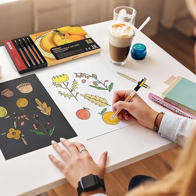 Retractable Glitter Gel Pens, 12 Colors Large Capacity Yellow Glitter Metallic Gel Ink Pens, 1 mm Fine Point Smooth Writing Color Pens for Adult Coloring Book Note Taking Aesthetic Art Supplies