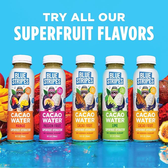 Blue Stripes Cacao Water - Cold Pressed Superfruit Hydration with Electrolytes & Antioxidants, No Sugar Added, All Natural, Great for Protein Shakes & Smoothies - Just Cacao, 6 Pack