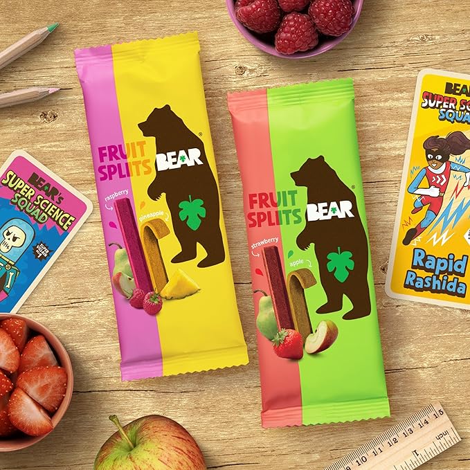 BEAR Real Fruit Snack Splits - Gluten Free, Vegan, and Non-GMO - Variety Pack (Apple/Strawberry, Raspberry/Pineapple)– Healthy School And Lunch Snacks For Kids And Adults, 0.7 Ounce (Pack of 20)