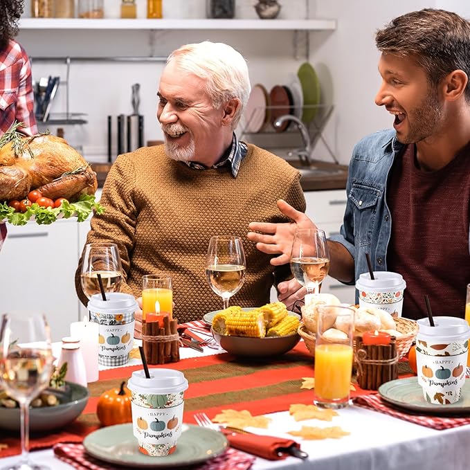 Lallisa 100 Sets Fall Thanksgiving Coffee Cup Bulk with Lid Disposable 12 oz Fall Hot Cups Paper and Sleeves Straws, Autumn Drinking Supplies for Holiday Party(Pumpkin Style)