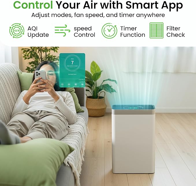 VUSIGN Air Purifier for Home Dorm Room up to 1110 ft², CADR 143 CFM, H13 HEPA Filter, Smart App Control, Auto Air Quality Sensor Display, Quiet Sleep Mode, for Pets Hair, Dust, Smoke, Odor