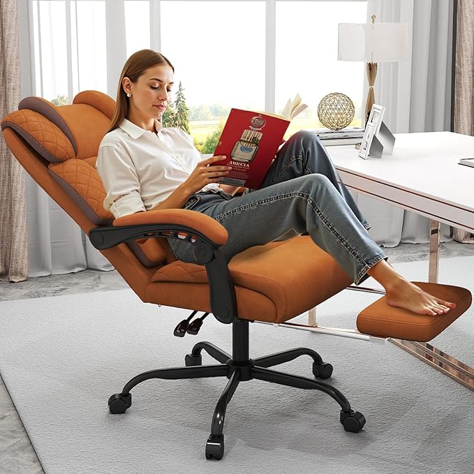 Ergonomic Office Chair with Footrest, 400lbs High Back Executive Home Office Computer Chair with Unique Ear-Shape Headrest for Neck Support,Brown Leather Office Chairs for Home Office Work