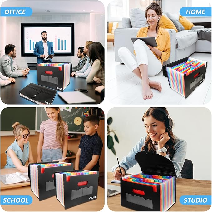 2 Pack Accordian File Organizer, Expanding File Folder 24 Pockets with Expandable Cover A4 Letter Size File Box, Portable Document Organizer - Black