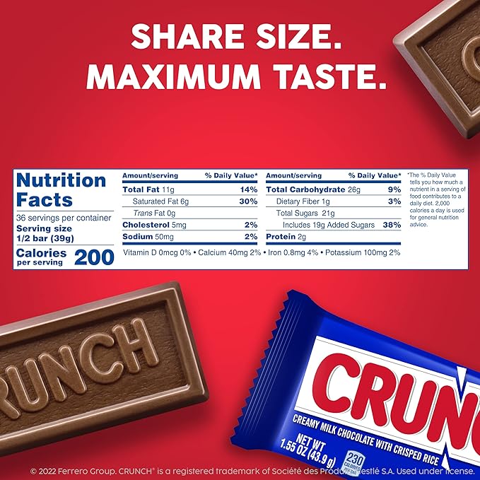 CRUNCH, Bulk 18 Pack, Milk Chocolate and Crisped Rice, Share Size Individually Wrapped Candy Bars, 2.75 oz Each