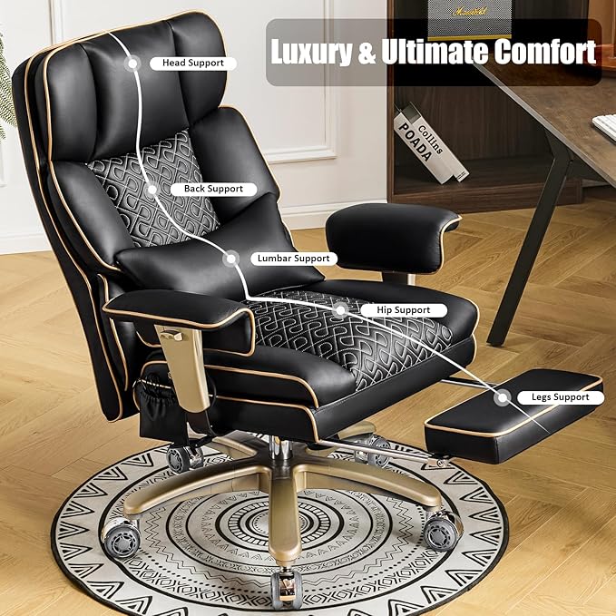 Big and Tall Executive Office Chair,Luxury Ergonomic PU Leather Desk Chair with Adjustable Air Back Support, Lumbar Massage Function, 360°Swivel, Tilt Recline,Height Adjustment,Black