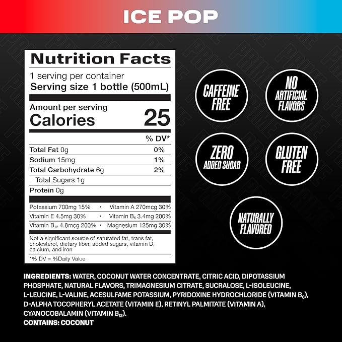 PRIME Hydration ICE POP, Sports Drinks, Electrolyte Enhanced for Replenishing Fluids, 250mg BCAAs, B Vitamins, Antioxidants, Low Sugar, 16.9 Fl Oz, 12 Pack
