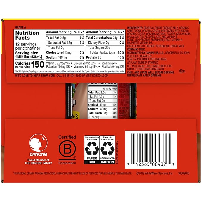 Horizon Organic Shelf Stable 1% Lowfat DHA Omega-3 Chocolate Milk Boxes, 8 fl oz, 12 Count - 8g Protein per Serving, USDA Organic UHT from Pasture-Raised Cows, Ready to Drink for Lunchbox, Travel, or On-the-Go, No Refrigeration Needed