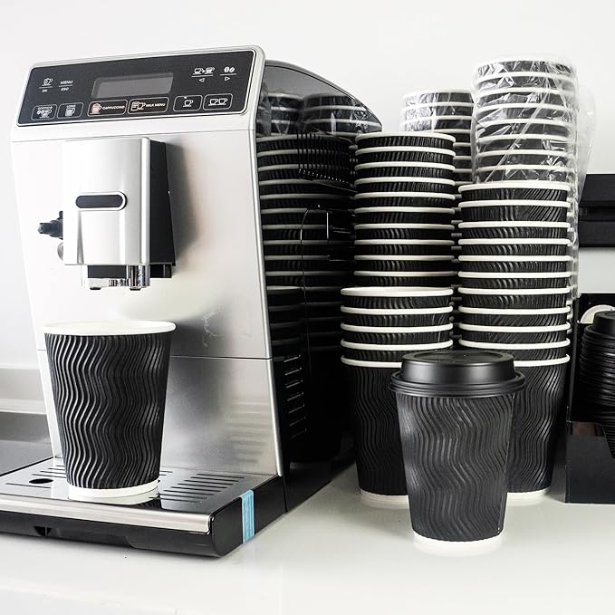 Ginkgo 100 Pack 12 oz Disposable Coffee Cups with Lids, To-Go Paper Coffee Cups for Hot Beverage, Chocolate and Cocoa, Coffee Bar Accessories - Black