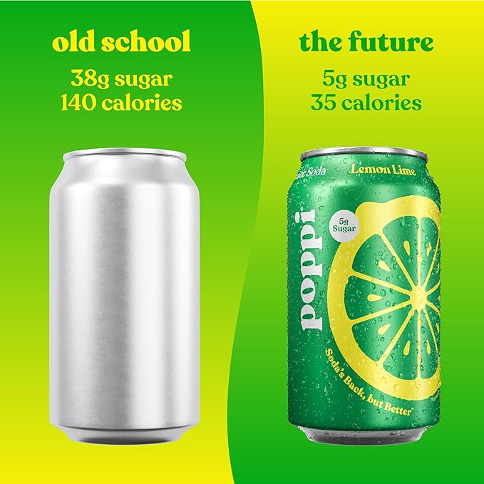 Poppi Sparkling Prebiotic Soda Beverage with Apple Cider Vinegar, Seltzer Water and Fruit Juice, Lemon Lime Flavor, 12 Fl Oz, Pack of 12, Packaging May Vary