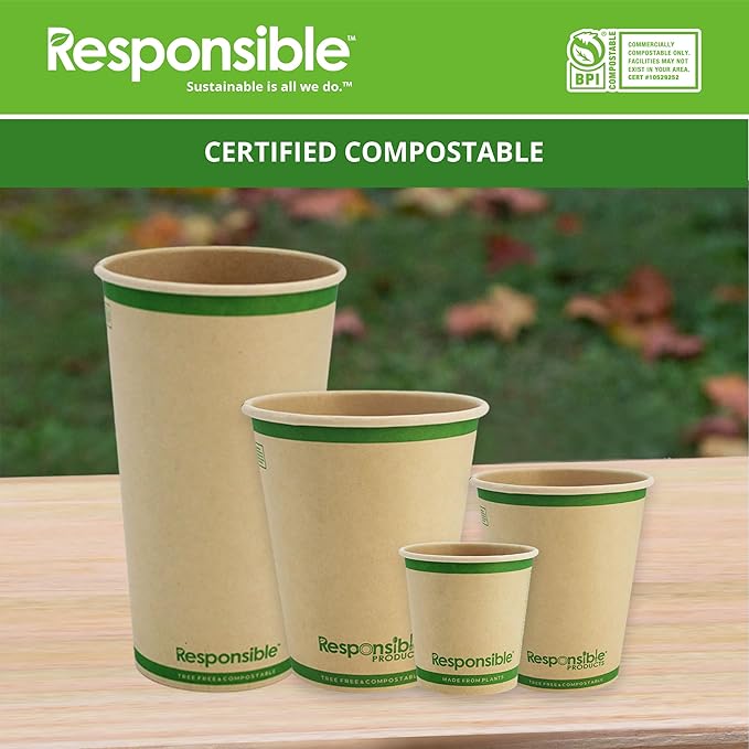 Responsible Products 4 oz Paper Hot Cups, Tree-Less™ Compostable Paper Coffee Cups, Extra Strength, Tree-Free and Made Without PFAS, Natural Brown (1000 Count)