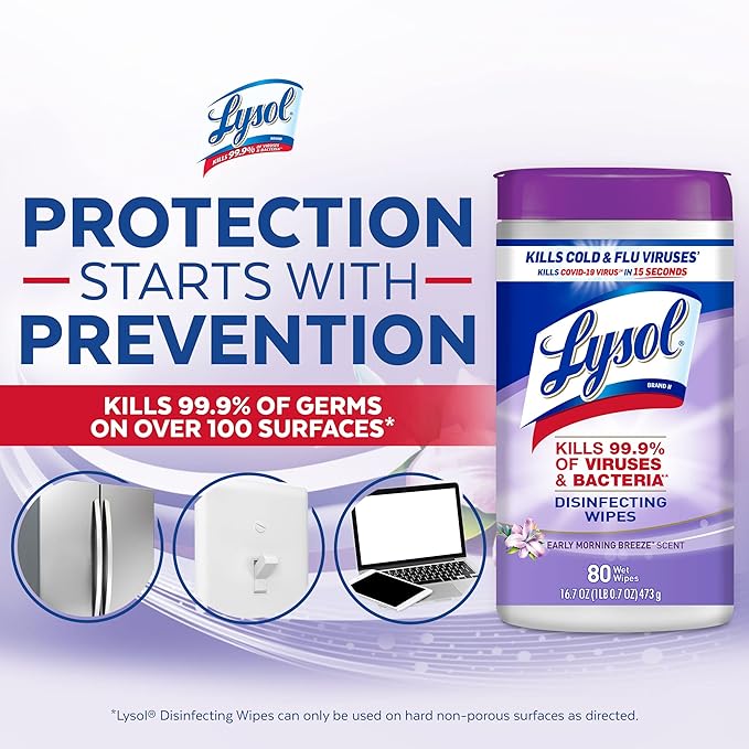 Lysol Disinfectant Wipes, Multi-Surface Antibacterial Cleaning Wipes, Dorm Room Essentials for Disinfecting and Cleaning, Early Morning Breeze, 80 Count (Pack of 6)