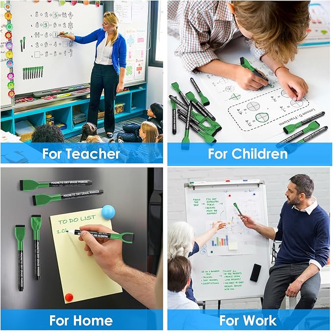 maxtek Dry Erase Markers - 6 Count Green Magnetic Dry Erase Markers Fine Tip with Eraser, Low Odor Whiteboard Markers for Calendar Boards