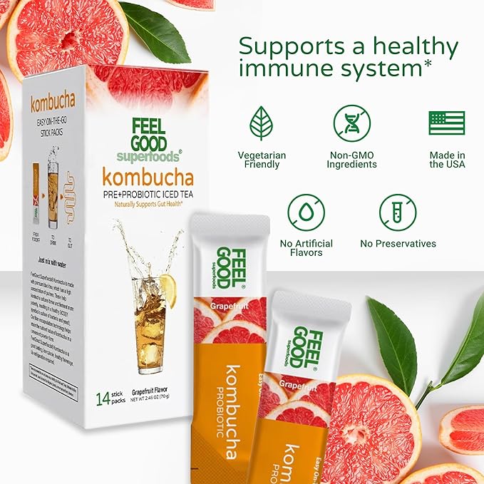 FeelGood Superfoods Kombucha Iced Tea Packets, Delicious Grapefruit Flavored Refreshing Instant Kombucha Powder Fizzy Drink, Probiotic Supplement for Gut Health, 14 pack
