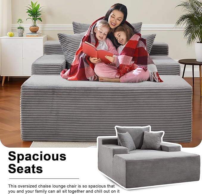 49" Chaise Lounge Chair Indoor, Oversized Wide Arm Boneless Sofa Bed with Plush Corduroy & High-Density Foam, No Assembly Cloud Couch for Living Room, Bedroom, Reading Nap (Gray)