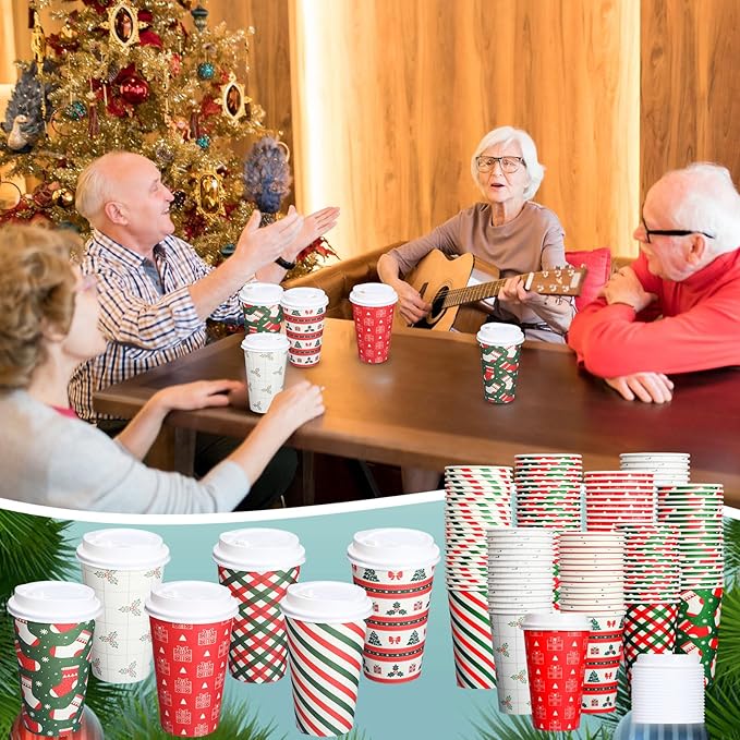 Yaomiao 90 Pack 16 oz Christmas Disposable Coffee Cups with Lids Bulk Christmas Paper Cups for Hot Cocoa Chocolate Tea Beverage Drinking, Xmas Holiday Winter Party Supplies