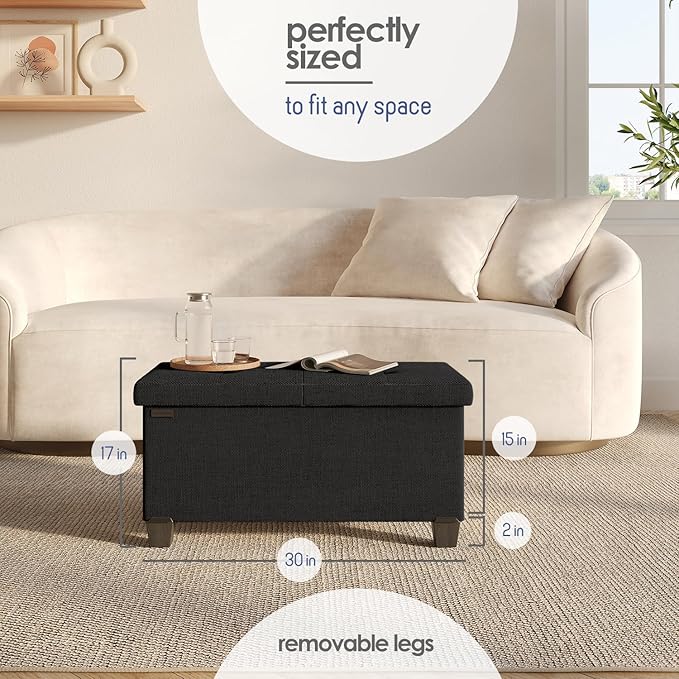 Storage Ottoman Bench with Bins, 30-in Storage Bench for Bedroom End of Bed, Folding Foot Rest Ottoman for Living Room Max 660lbs, Fabric Ottomans, Black