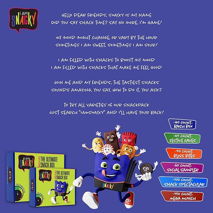 I AM Snacky - Thanksgiving Snack Box Variety Pack Care Package + Greeting Card - SNACKY'S BLISS BITES (50 Count) Birthday Sweet Treats Gift Basket, Candies Chips, Office Food Assortments