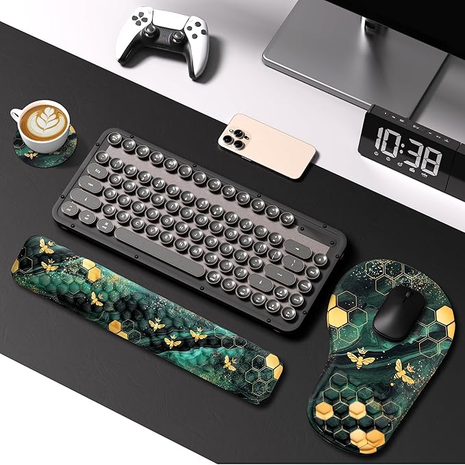 EYROZILL 3 in 1 Ergonomic Mousepad and Keyboard Wrist Rest, Mouse Pad with Wrist Support Massage Design, Keyboard Wrist Rest and Mouse Pad Set for Home Office (Green Bee)