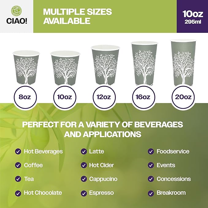 CIAO! 10oz Paper Hot Cup, Rooted Olive Print, (Case of 1,000)