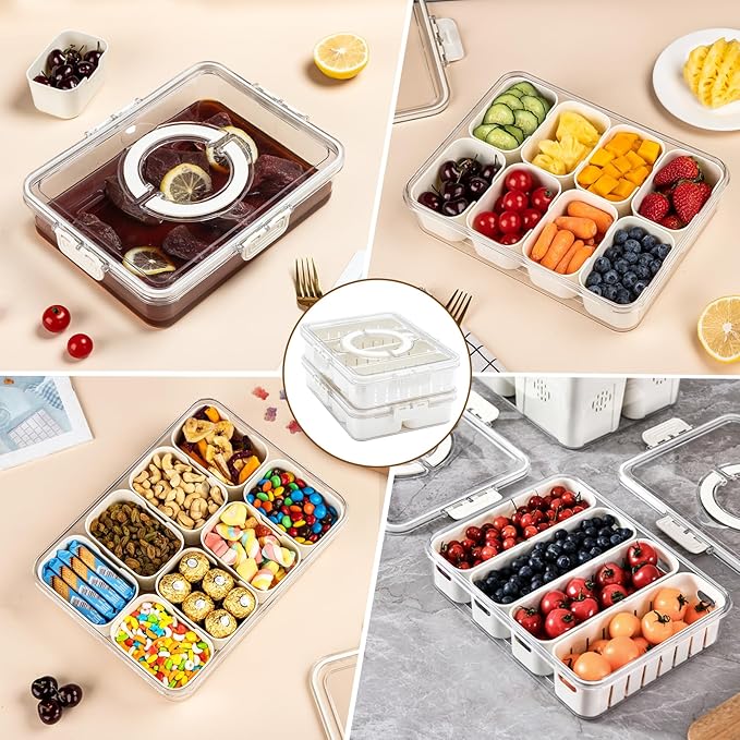 Snackle Box Container,2 Pack Divided Clear Snack Box Serving Tray with Lid and Handle,Charcuterie Board with Lid, Snack Organizer for Beach Picnic, Refrigerator Fresh, Party, Holidays and Travel