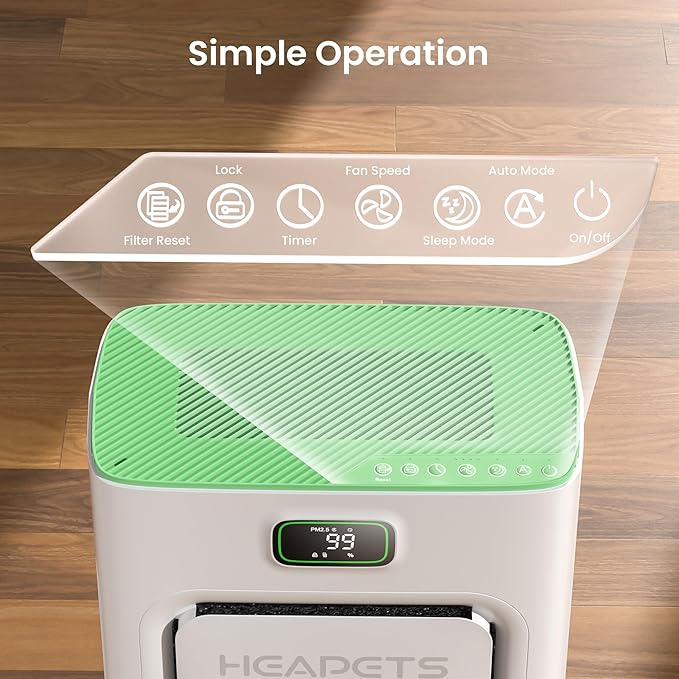 Pet Air Purifier for Home Large Room 2500 sq ft, H13 HEPA Washable Double-Sided Filter, Air Cleaner for Pet Hair Dander Odor Allergies Pollutant Smoke Dust, PM2.5 Air Quality Monitor, Auto Mode, Green