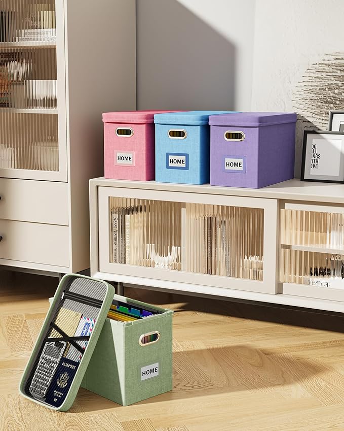 Oterri File Organizer Box with Lid, Hanging Filing File Box with Mesh Pocket, Document Organizer Box for Letter Files, Portable Storage Box with Smooth Sliding Rail for Office&Home (2 PCS, Sky-blue)