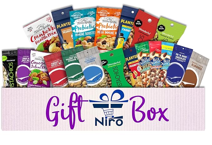 Niro Gift Basket with Individual Single Serve Packs- Trail Mix Snacks Variety Pack for Adults - 40 Pack: Healthy Snacks for Adults, 20 Different Nuts and Trail Mixes
