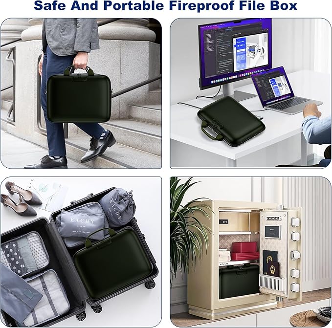 Fireproof Document Box, Hard Case Fireproof File Organizer Box with Lock and 13 Pocket Accordion File Folder, Portable Safe Box for Home Office Travel to Storage Important Documents Laptop Green