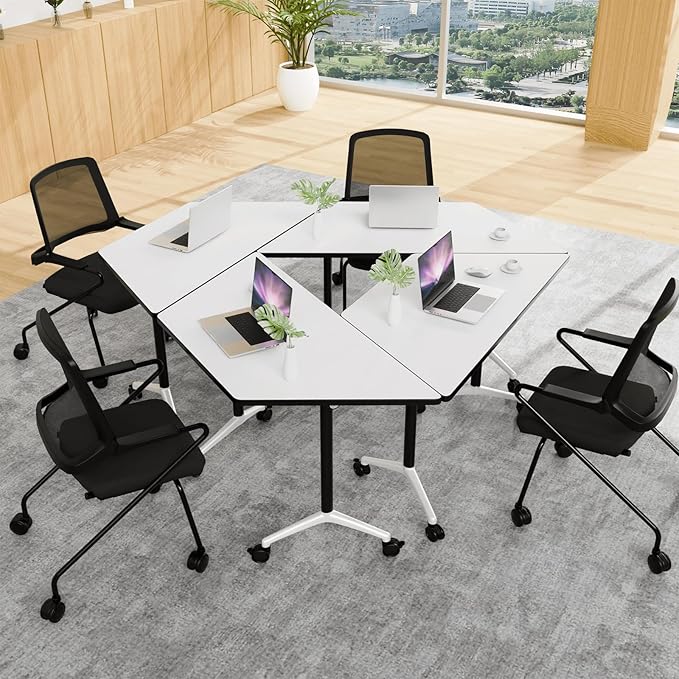 Conference Table, Foldable Conference Room Tables with Silent Wheels, Folding Modular Seminar Meeting Tables, Modern Rectangle Training Table for Office, Boardroom (10, Trapezoidal, 47.2)