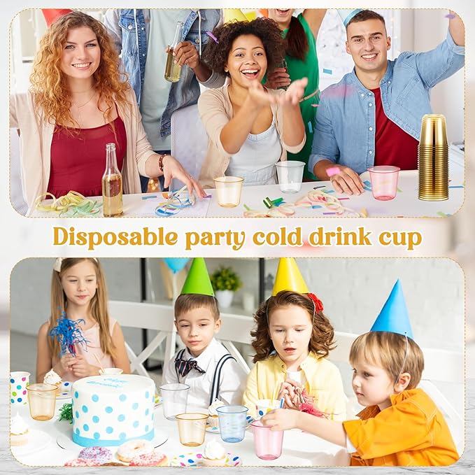 Disposable Stemless Glasses 12oz Crystal Plastic Wine Glasses Clear Classic Pet Cup for Meeting Weddings Birthdays Cocktail Christmas Party Supplies(Gold,100 Pcs)