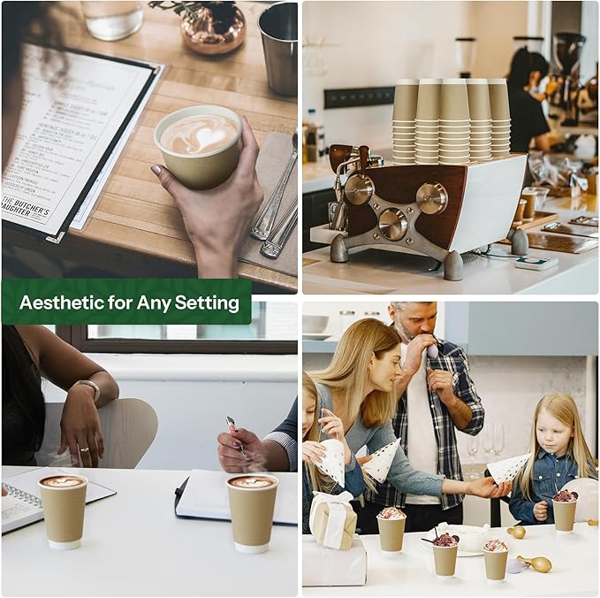 12 oz Compostable Coffee Cups Disposable Paper Cups,120 Pack Double Wall Hot Cups, BPI Certified PLA Coated Paper Cups, Natural Kraft To-go Disposable Coffee Cups for Office Coffee Bar To Go Travel