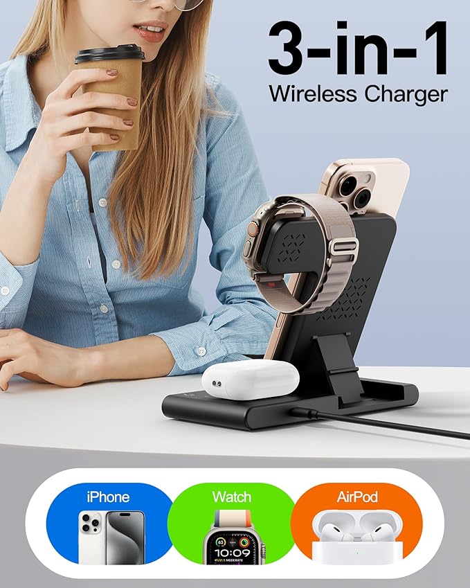 2026 Traveling Portable Wireless Fast Charger for Apple & Android Charging Station, 3 in 1 Charging for iPhone 16 15 14 13 12, Apple Watch Series & Air pods 4 3 2 Pro, Samsung Galaxy-Gifts for Family