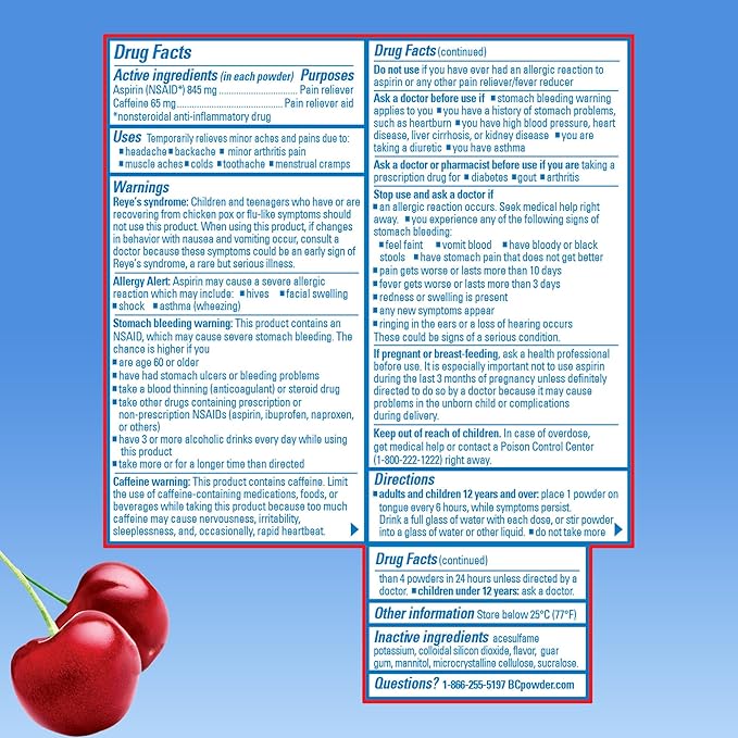 BC Powder Pain Reliever, Cherry Flavor Aspirin Dissolve Packs, 24 Count Powder Packets (2 Pack)