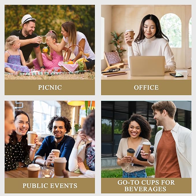 three leaf 12 Oz. Disposable Paper Cups, (Brown) 200 Ct. (8 Packs Of 25), Hot/Cold Cup For Coffee, Water, Tea, Juice, Picnic, Party, Travel And Events