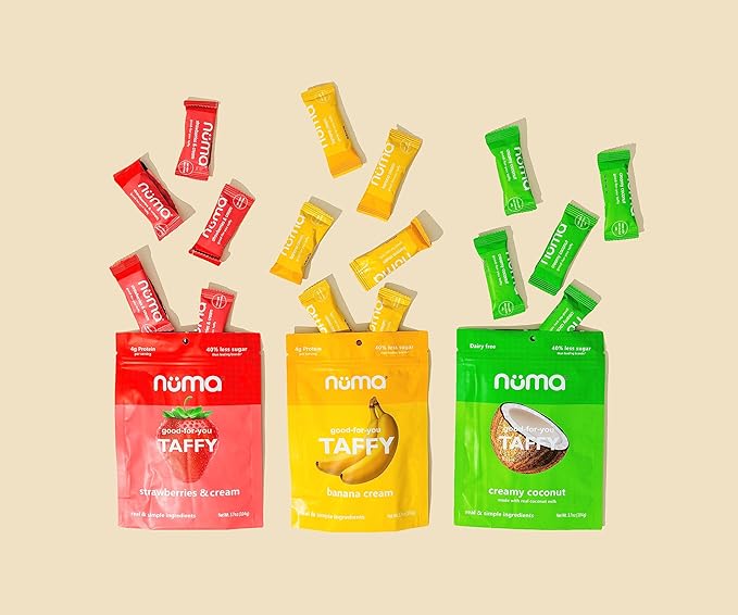 Numa Foods Nutritious Chewy & Creamy Candy Variety Pack - Low Sugar, All-Natural, Gluten Free, High Protein - 5 Bags of 10 Individually Wrapped Chews Each of Vanilla Banana Strawberry Coconut Coffee