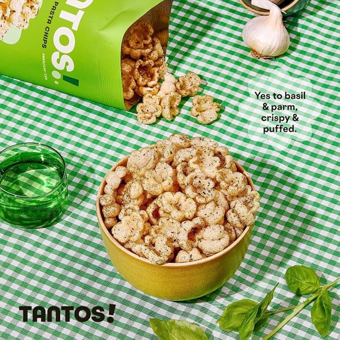 Tantos! Puffed Pasta Chips, Healthy Pasta Snack by Top Chef Joe Sasto, As Seen on Shark Tank, Plant Based, Low Calorie, Crunchy Chips, Variety Pack, Marinara, Pesto, Cacio e Pepe, Classico, Gourmet Bold Flavors, 4 oz 2 Pack of Pesto