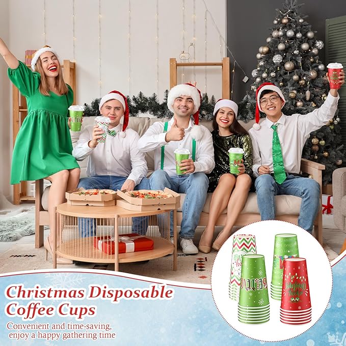 CHENGU 100 Set 16 oz Christmas Disposable Coffee Cups with Lids Lime Green Christmas Paper Cups for Hot Cocoa Chocolate Tea Green Elf Holiday Xmas Dinner Party Supplies