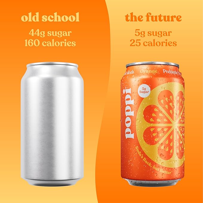 Poppi Sparkling Prebiotic Soda Beverage with Apple Cider Vinegar, Seltzer Water and Fruit Juice, Orange Flavor, 12 oz, Pack of 12, Packaging May Vary