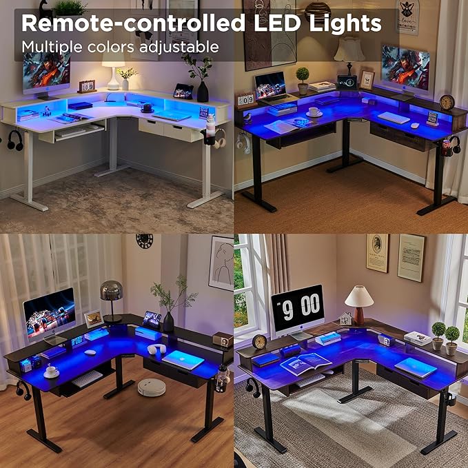 T4TREAM 60" Electric Standing Desk - L Shaped Desk with Monitor Stand, Charging Station & Remote Light, Home Office & Gaming Corner Computer Desk, Dark Walnut